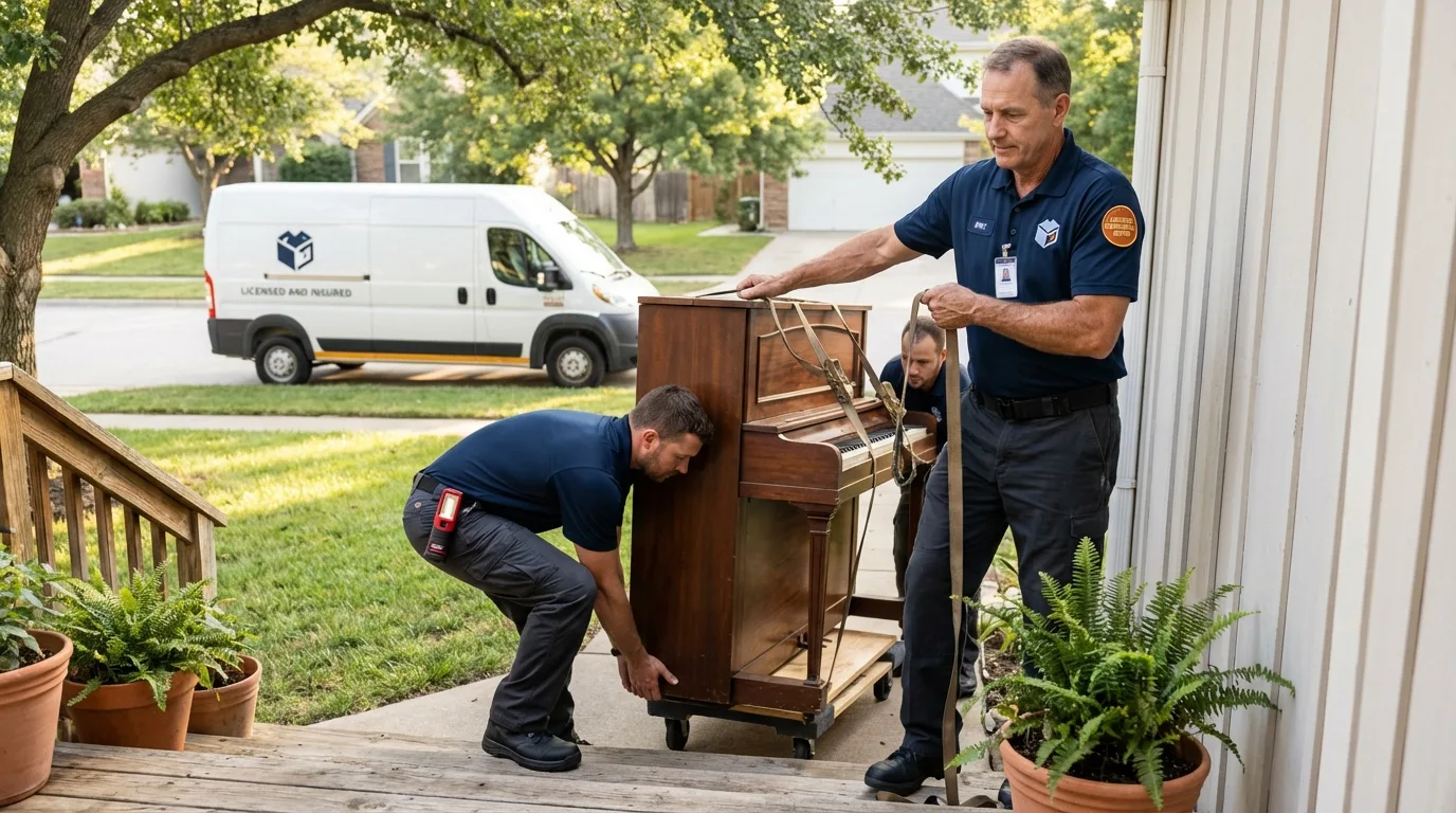 Licensed piano movers securing grand piano in Bagdad, FL