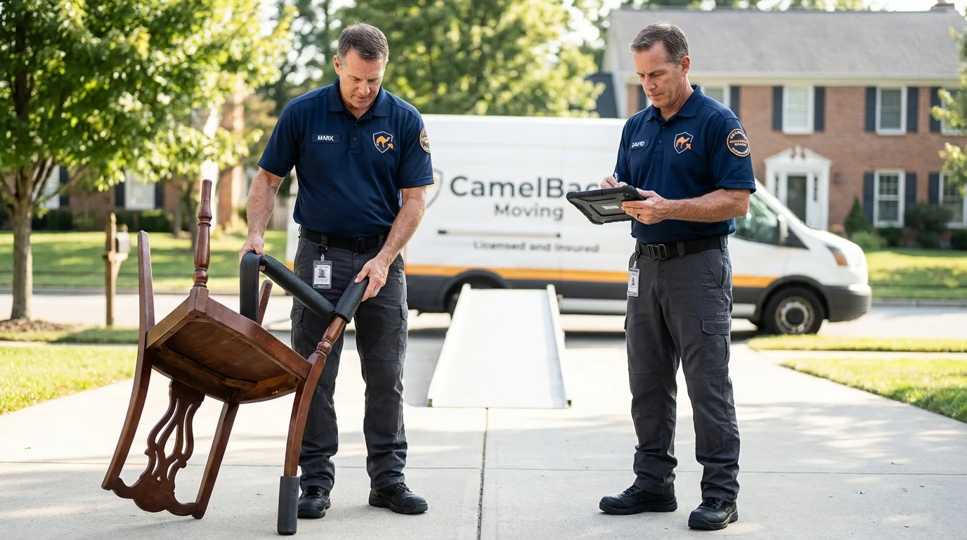 Movers inspecting furniture for damage prevention before loading in Bagdad, FL