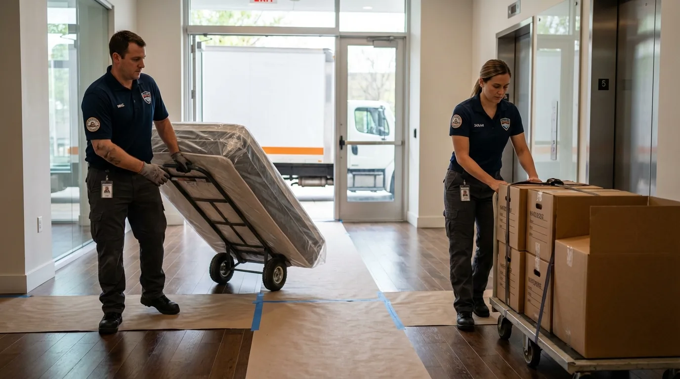 Professional apartment movers loading elevator in Bagdad, FL